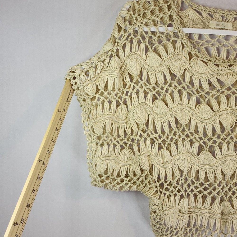 Millau Womens Open Knit Crop Wide Sleeve Beige Sweater Size Small - Picture 4 of 7
